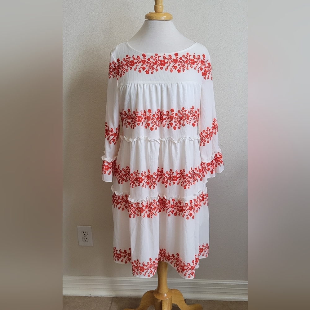 Vivi by Violet Weekend Orange and White Long Sleeve Baby Doll Tiered Dress Large